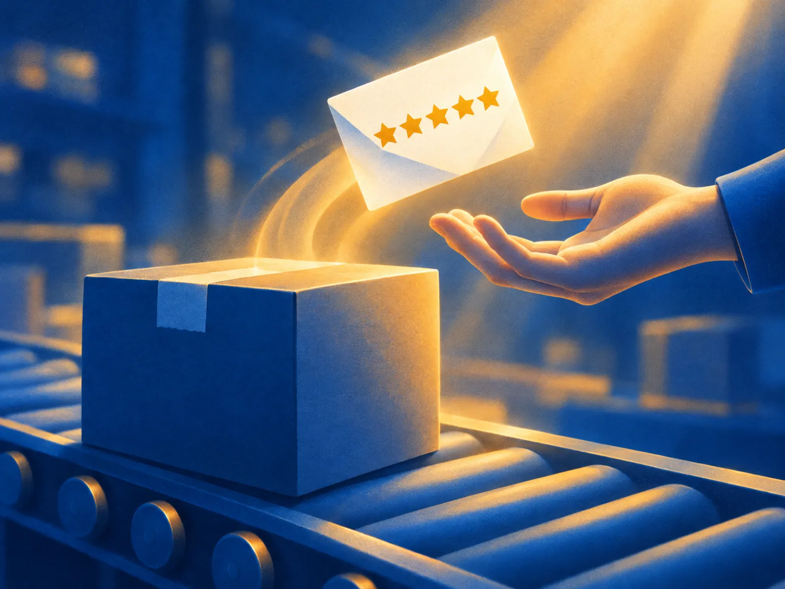 Envelope com cinco estrelas saindo de uma caixa na esteira, ilustrando como pedir avaliação automaticamente na Nuvemshop