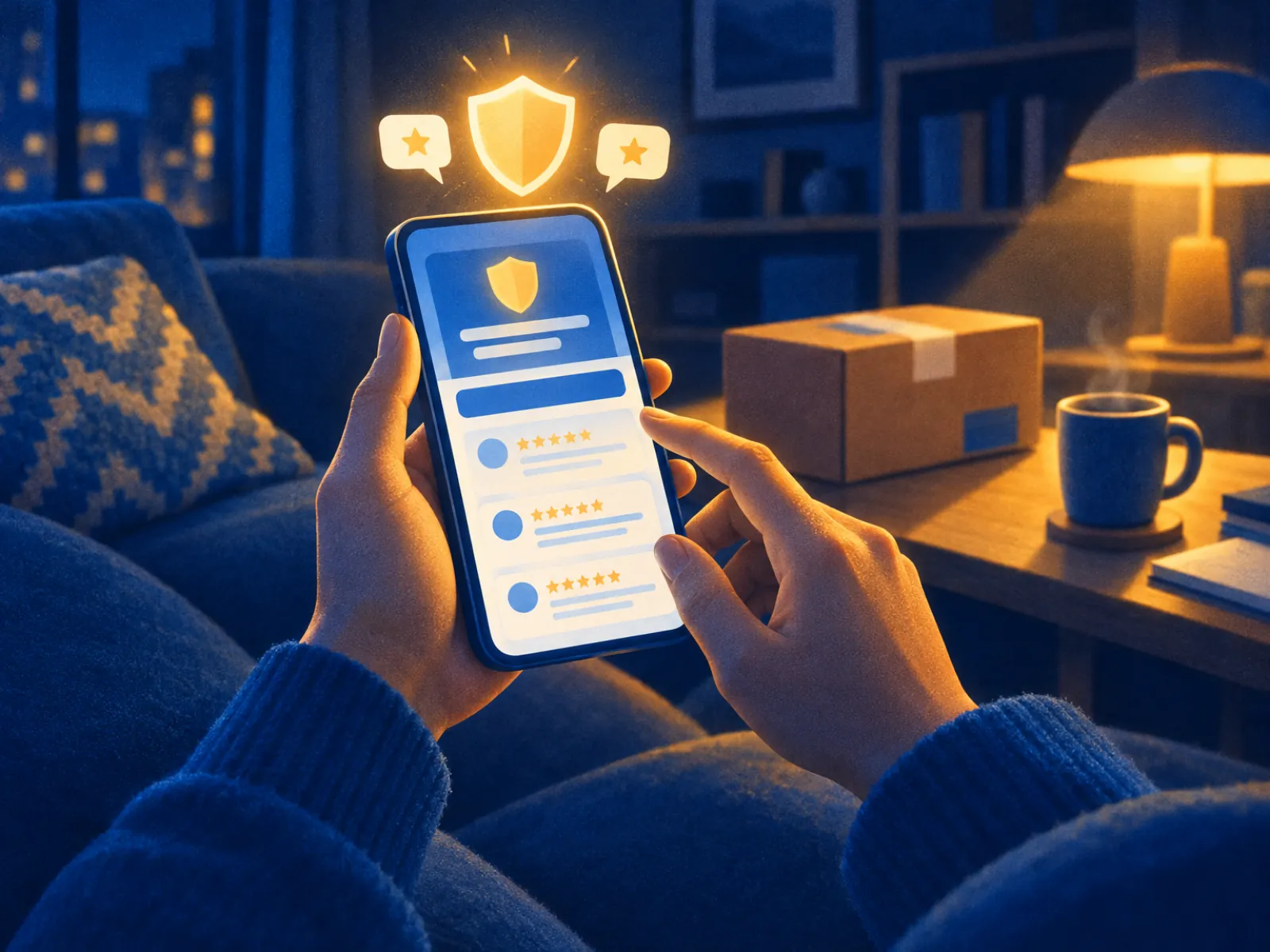 Mãos no sofá com um celular no checkout, escudo e avaliações acima: a confiança do cliente na compra online