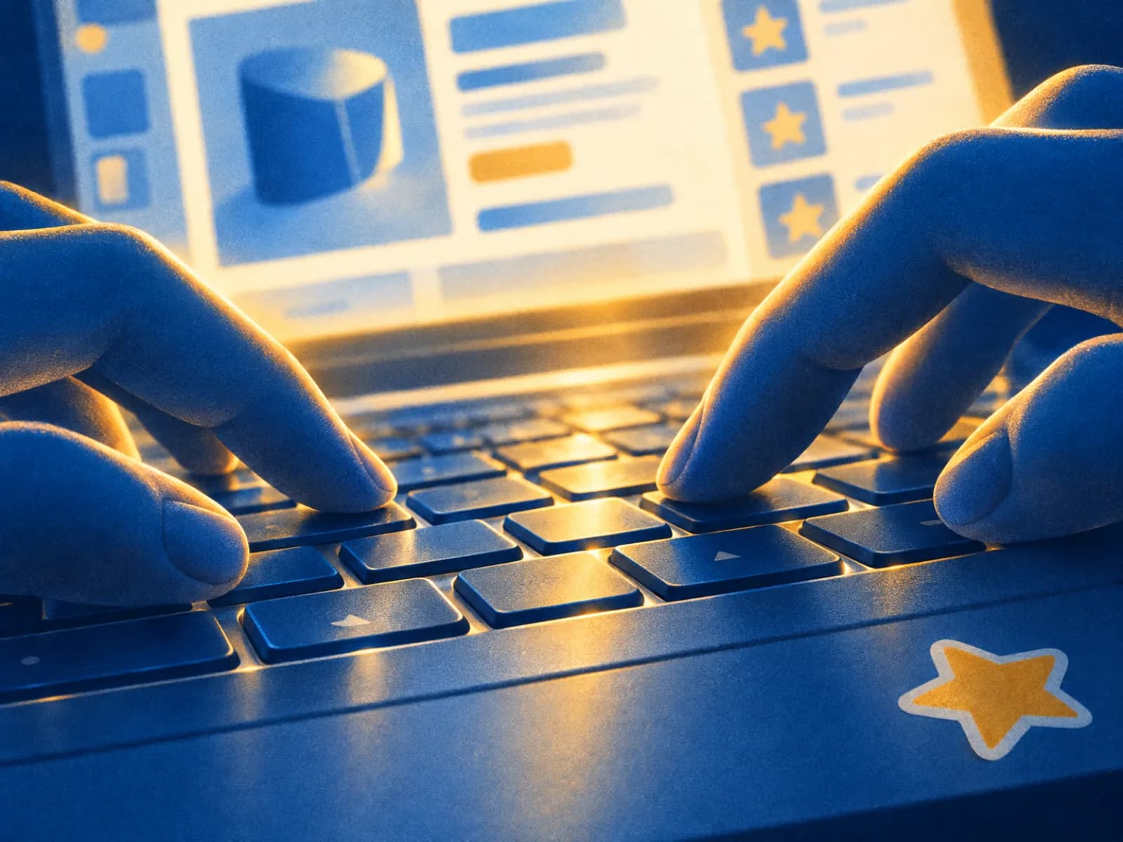 Dedos digitando no teclado com a página de produto e as estrelas ao fundo: como usar depoimentos no e-commerce