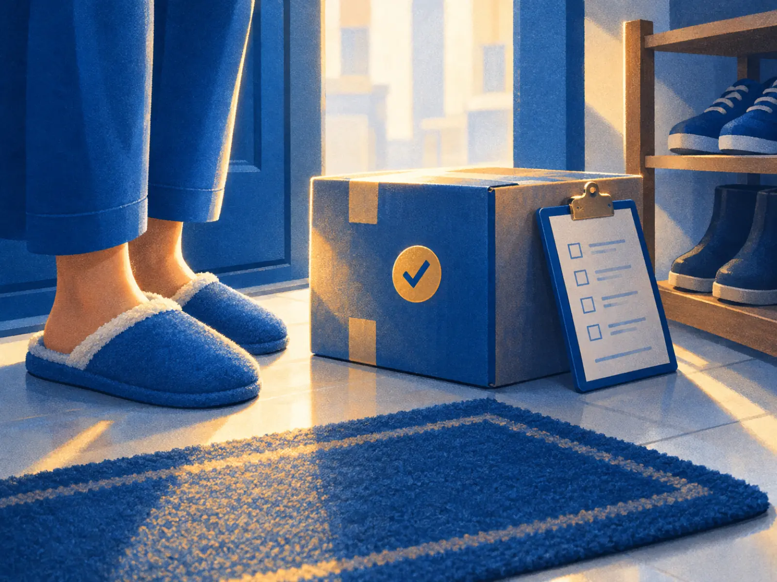 Pés de chinelo ao lado de uma encomenda com selo de check e uma prancheta: checklist de depoimentos para e-commerce