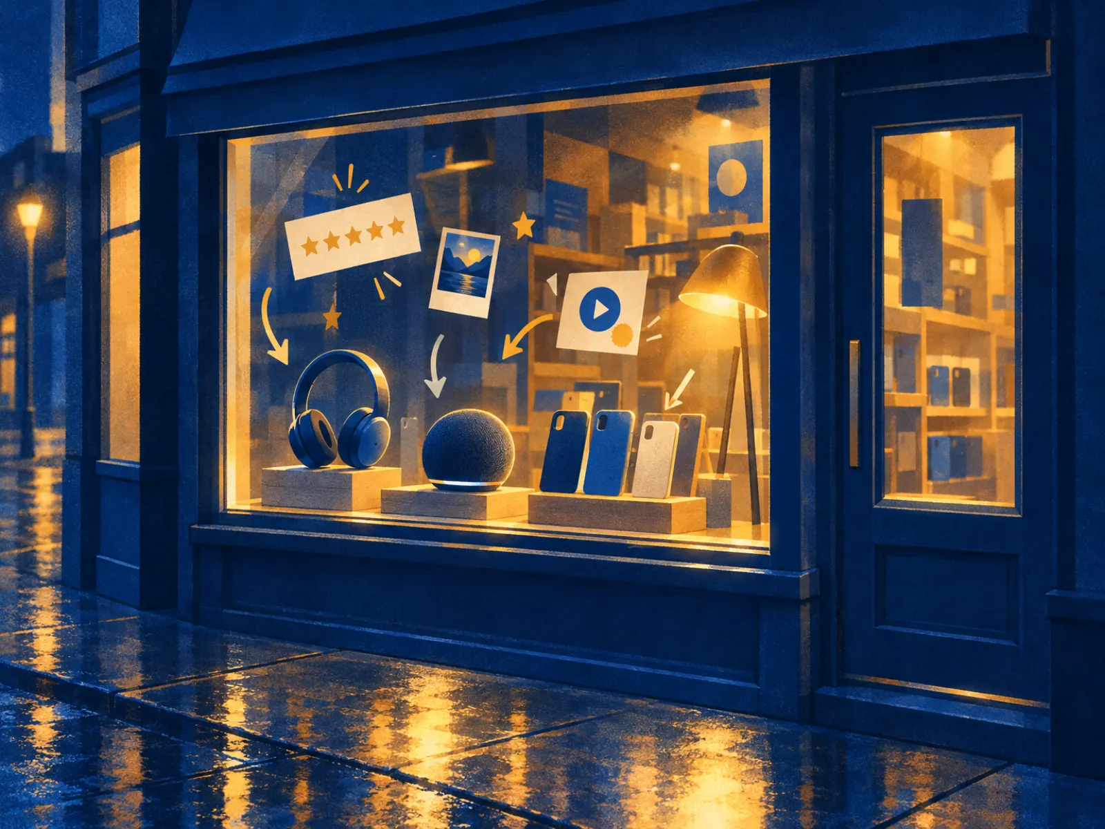 Vitrine noturna de eletrônicos com cards de estrelas, foto, vídeo e selo: os tipos de prova social