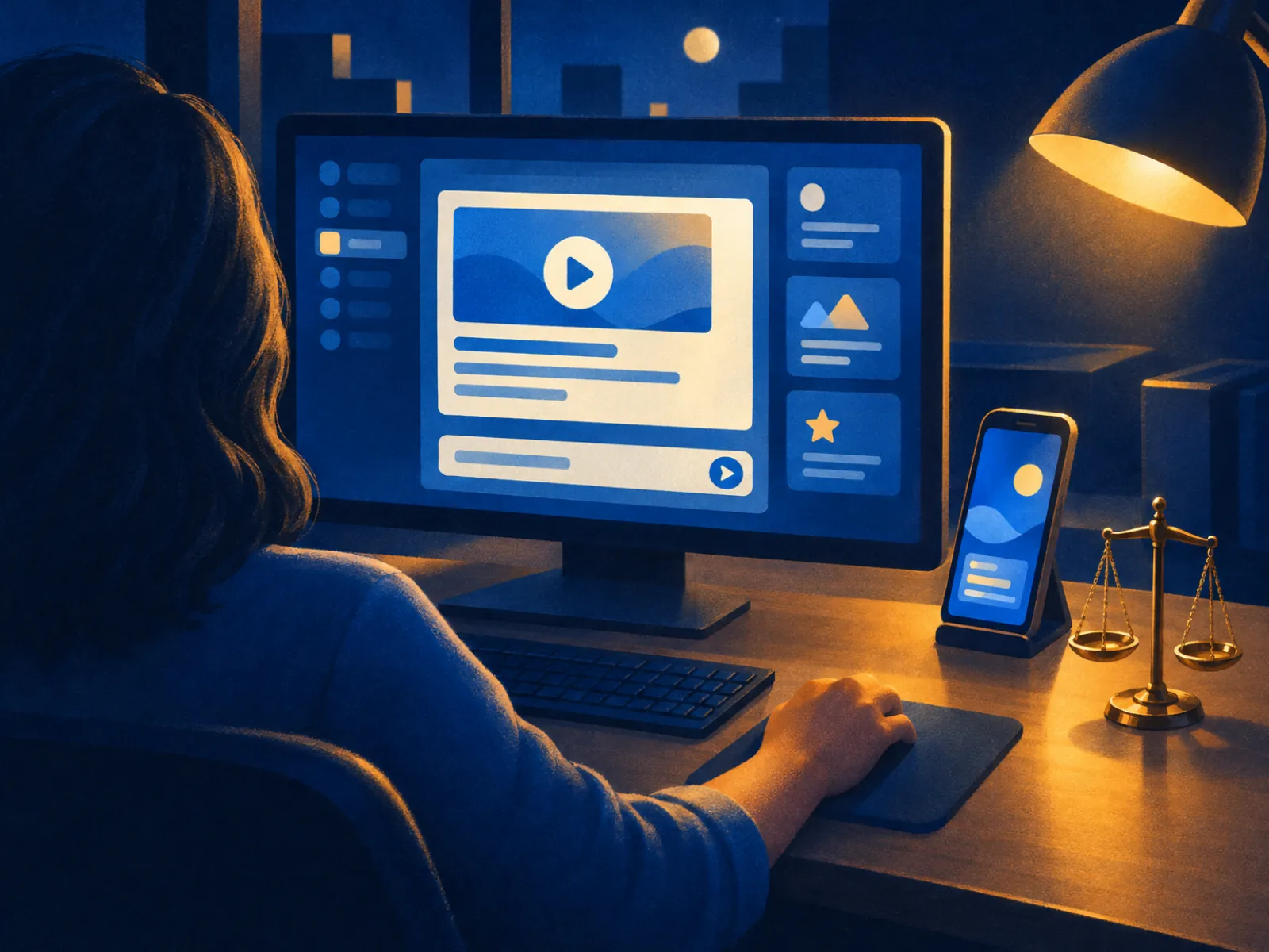 Pessoa de costas diante do monitor com uma mensagem e um botão de play: como pedir depoimento em vídeo