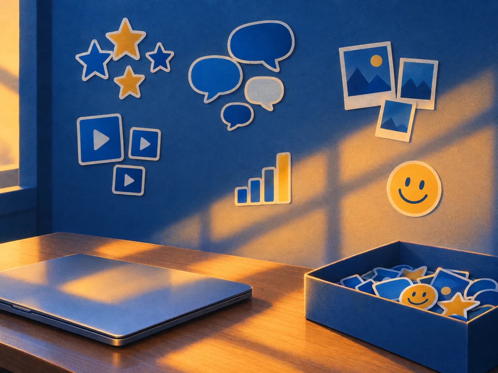 Adesivos de estrelas, balões, fotos e vídeos agrupados na parede: como organizar depoimentos de clientes