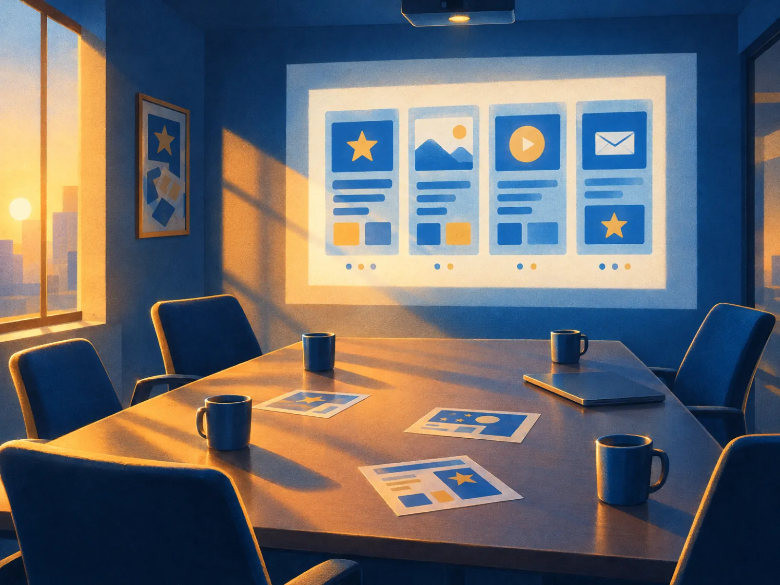 Sala de reunião vazia com a projeção de um plano de cards, estrelas e vídeo: transformar avaliações em conteúdo