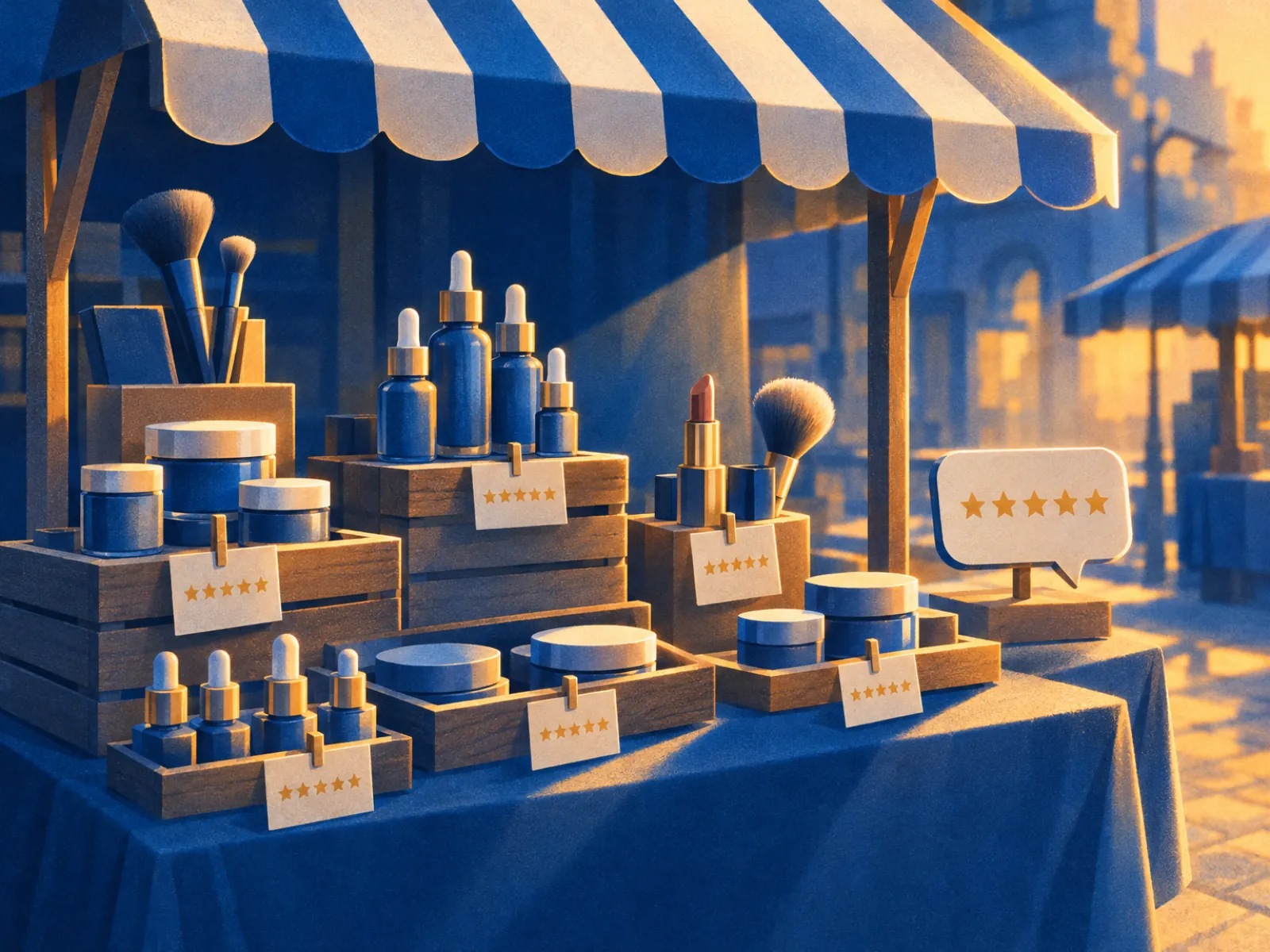 Barraca de feira com cosméticos e cards de estrelas junto de cada produto: avaliações na página de produto