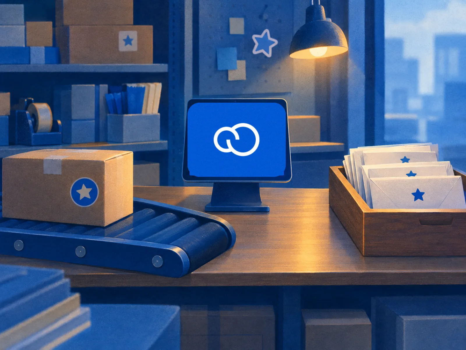Logo da Nuvemshop no balcão e envelopes com estrelas voltando: pedir avaliação automaticamente na Nuvemshop