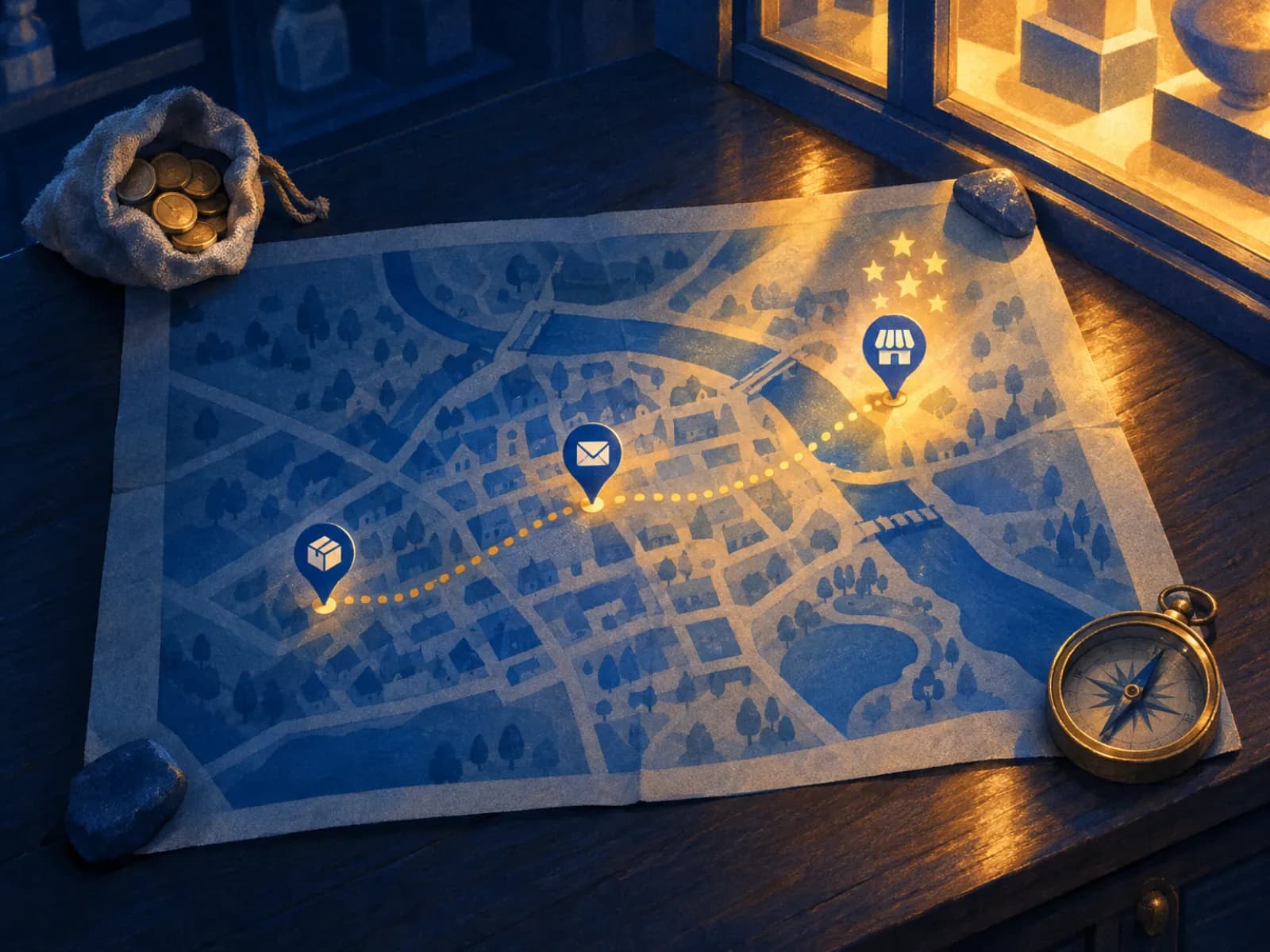 Mapa com rota pontilhada do pin de encomenda ao de envelope e à loja, onde estrelas brilham, como avaliações na Yampi