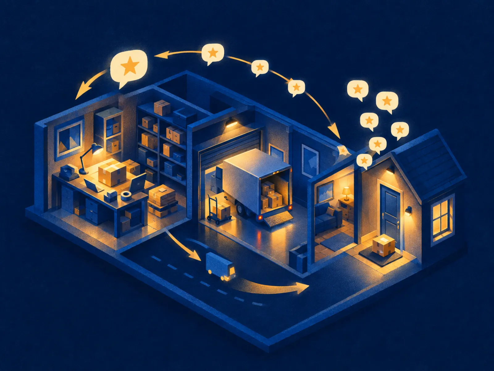 Diorama de loja em miniatura com balões de estrelas voltando das casas: como conseguir mais avaliações