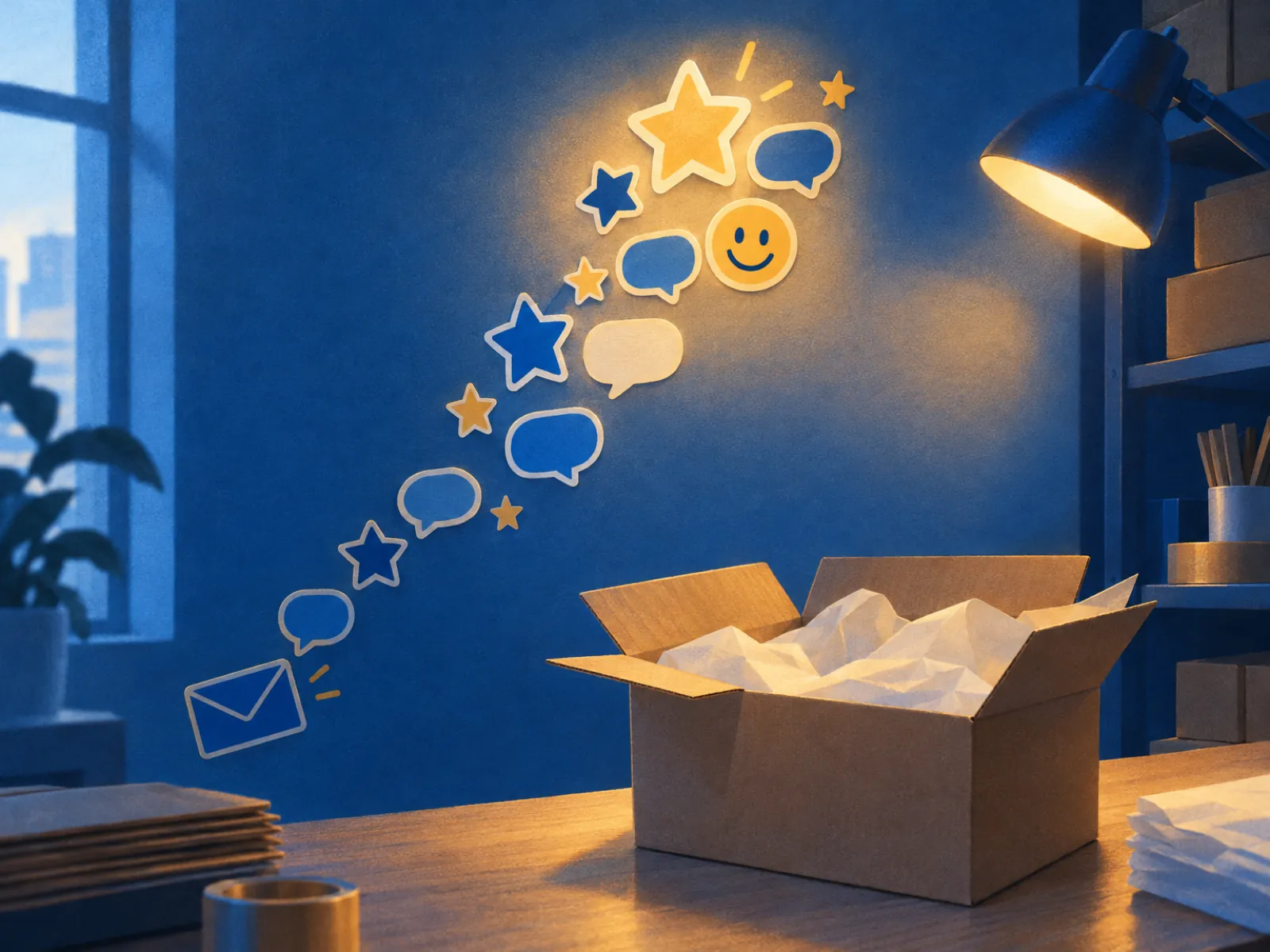 Adesivos de estrelas e balões subindo de um envelope na parede, como avaliações de produtos na Tray chegando