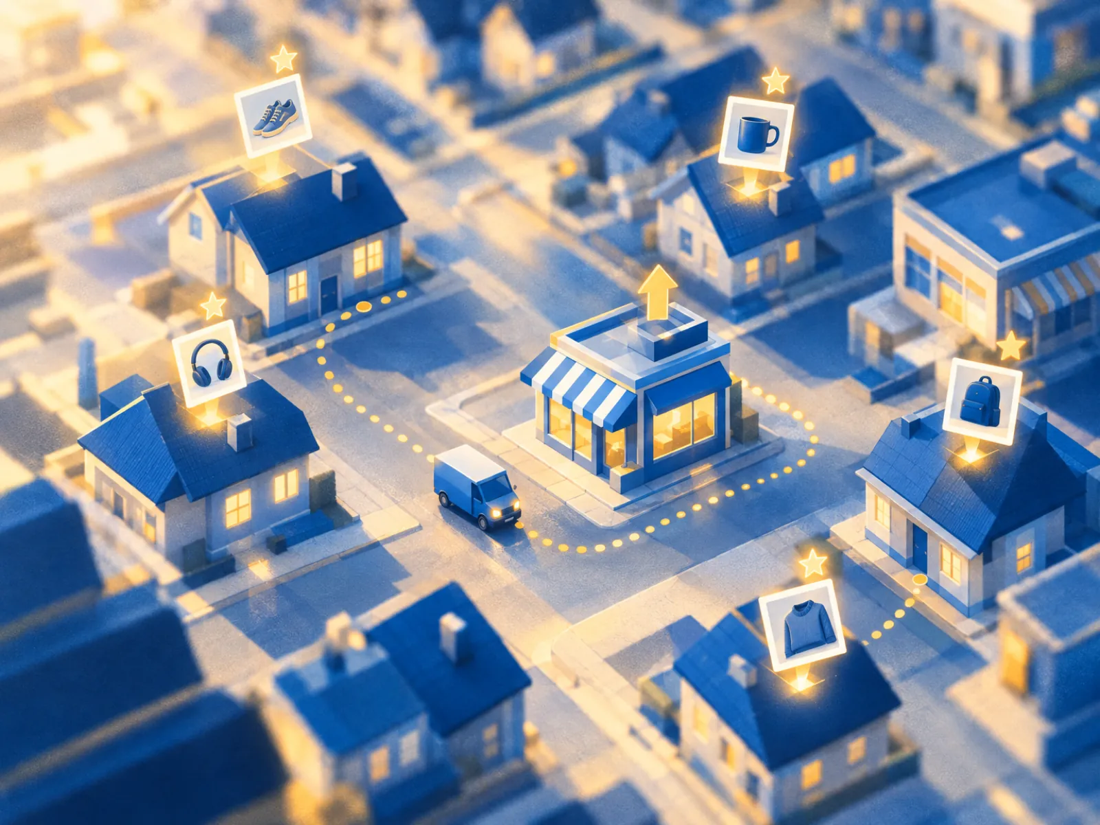 Maquete de bairro com fotos instantâneas de produtos brilhando sobre as casas: avaliações com foto