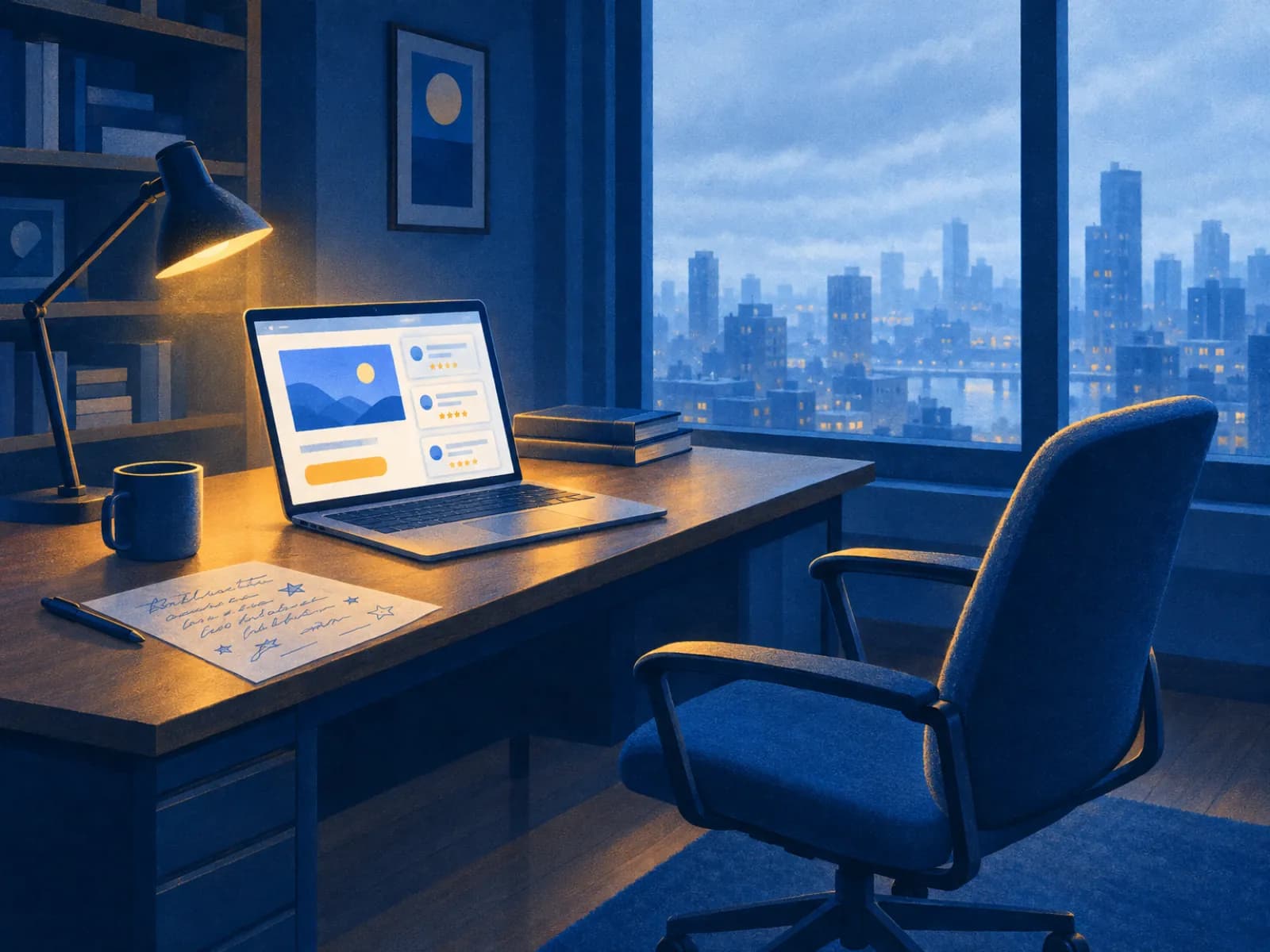 Escritório vazio com notebook numa página de depoimentos ao lado do botão: prova social na landing page