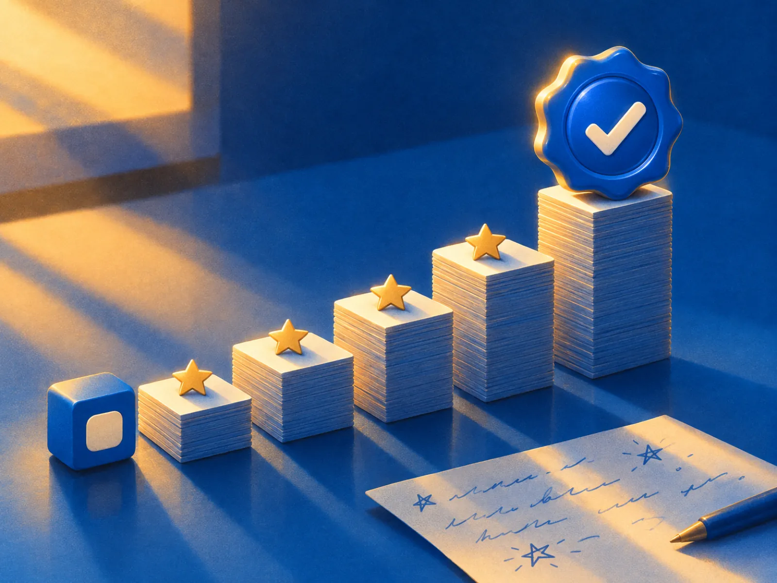Pilhas de cartões em degraus com estrelas levando a um selo de check azul: prova social para SaaS em cada etapa