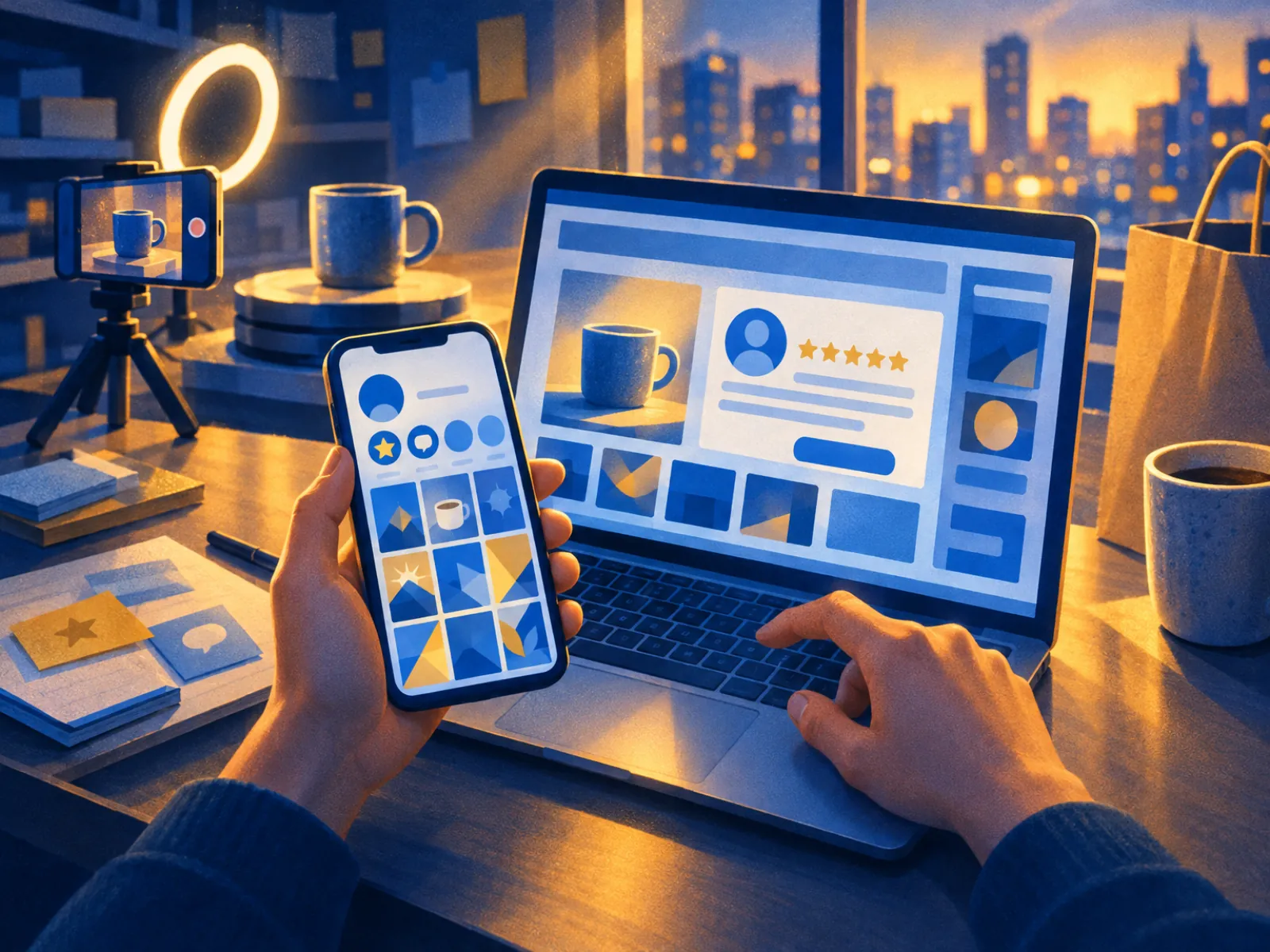 Mãos com celular mostrando destaques com estrelas e um anúncio no notebook: depoimentos nas redes sociais