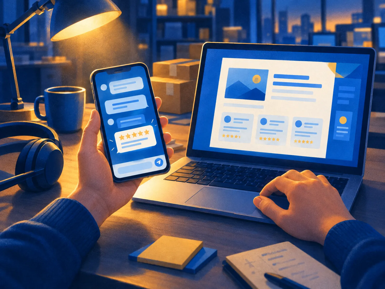Mão enviando avaliação com estrelas no chat, proposta no notebook: como usar depoimentos para fechar vendas