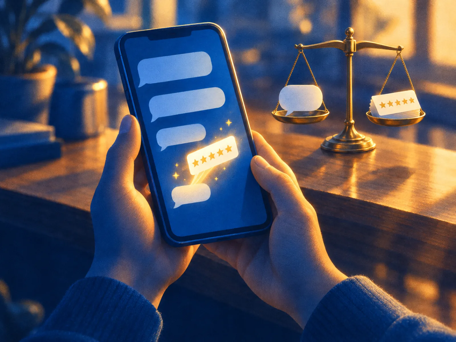 Como pedir depoimento pelo WhatsApp: mãos no celular com balões de conversa e cartão de cinco estrelas saindo da tela