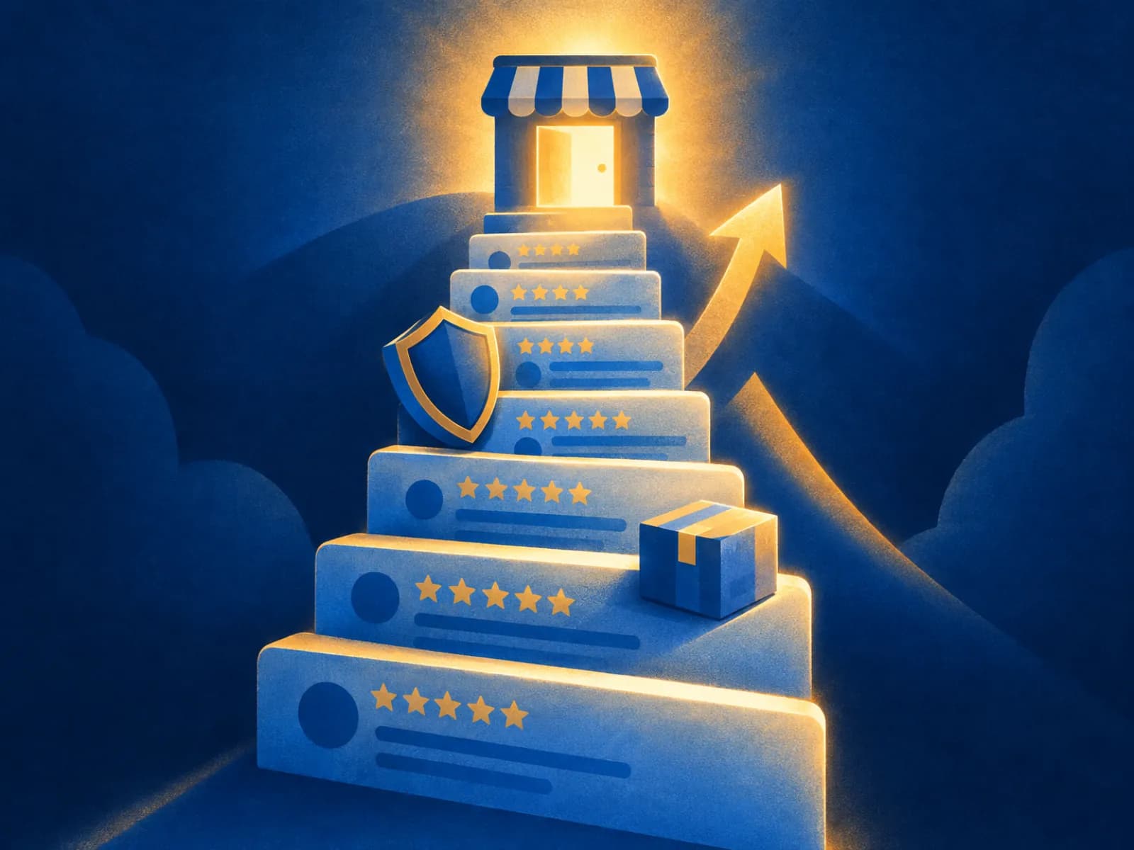 Escada de cards com estrelas subindo até a porta iluminada de uma loja: confiança do cliente na compra online