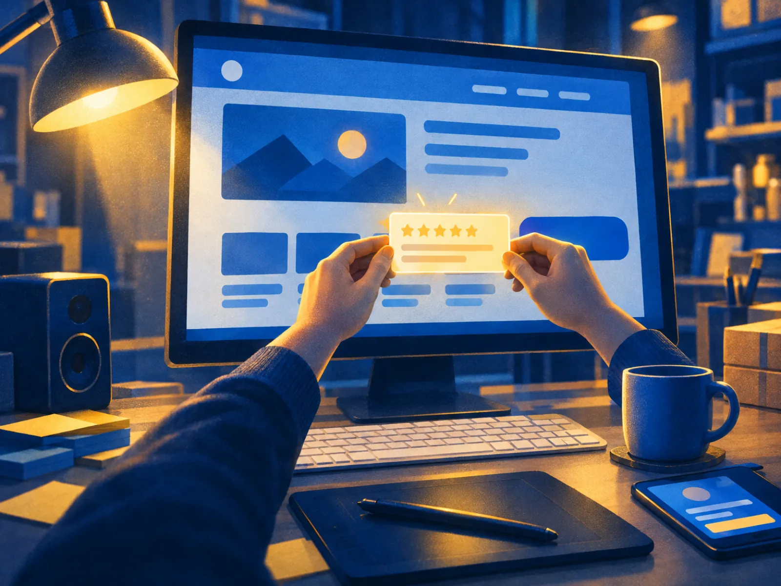 Mãos levando um cartão com estrelas para perto do botão no monitor: a prova social na landing page